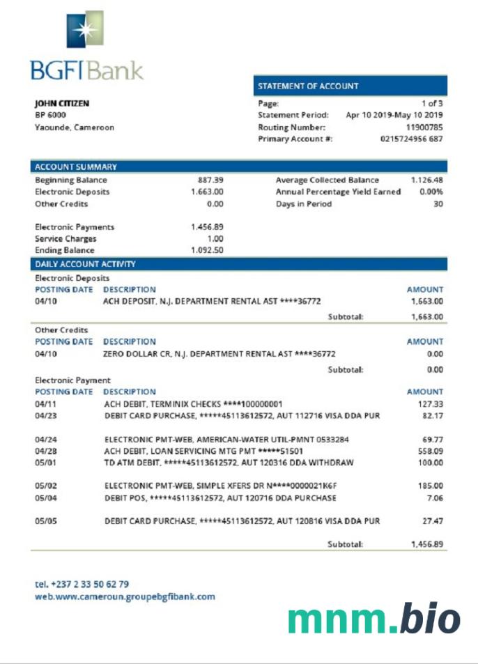 Szablon wyciągu bankowego z Kamerunu Atlantyckiego, format Word i PDF